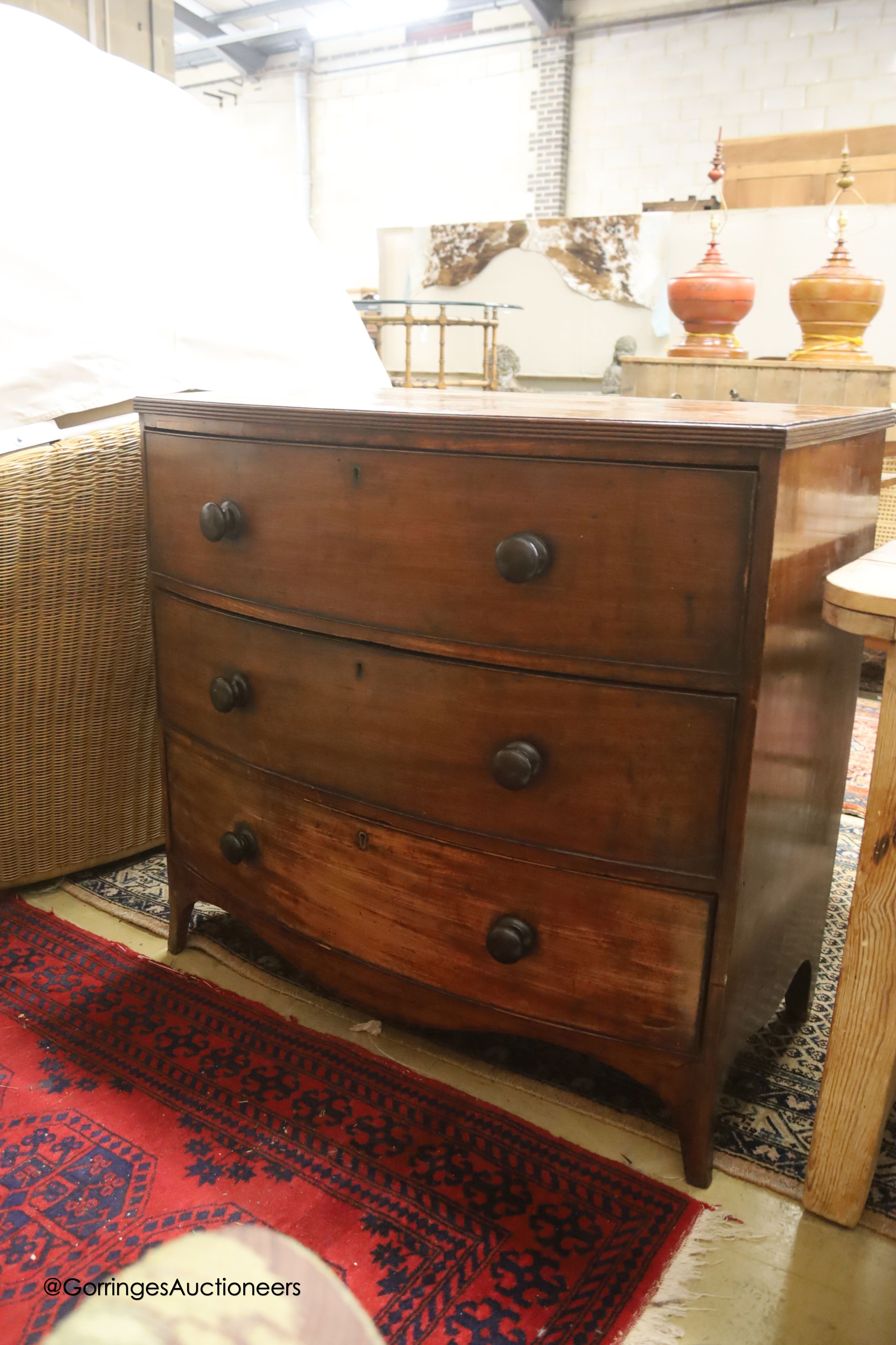 A Regency mahogany bow fronted chest, width 96cm, depth 54cm, height 90cm